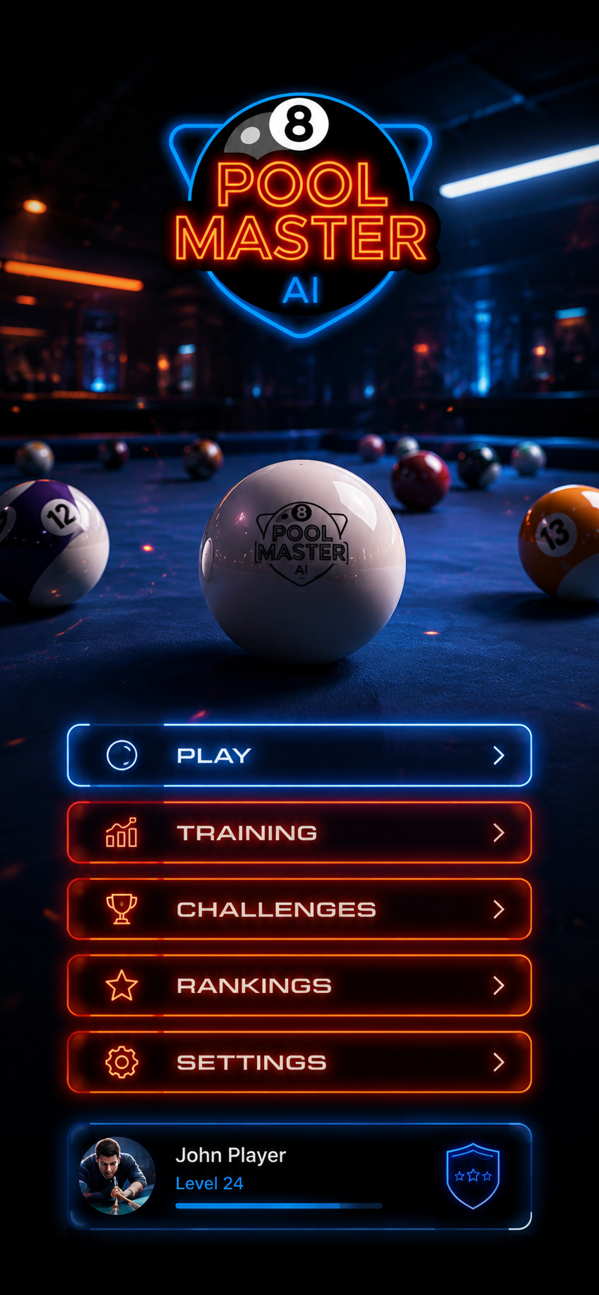 POOL MASTER AI — neon 8-ball arcade hero
