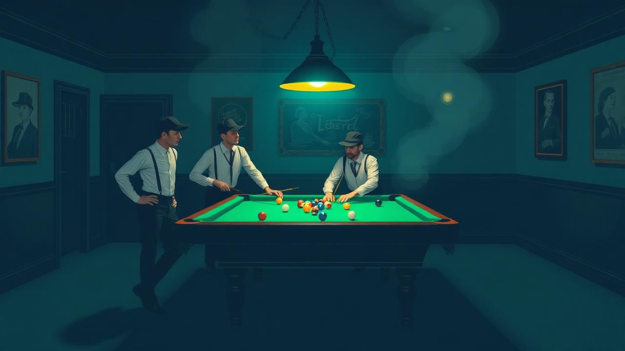 1920s American bar-room pool hall with players breaking a rack under a hanging lamp