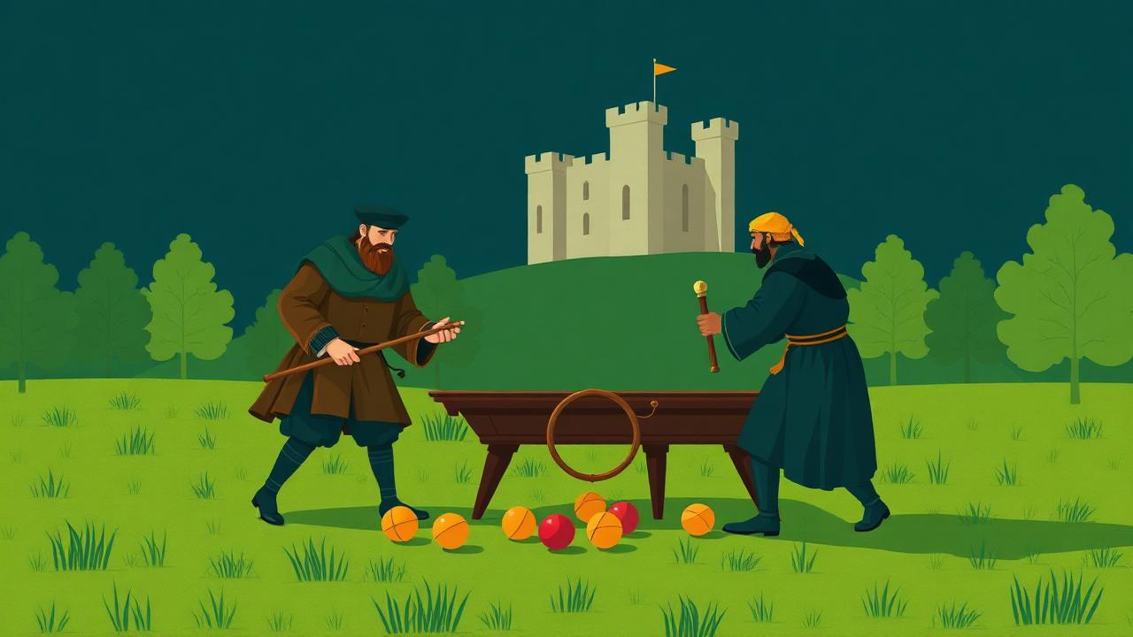 Nobles playing an outdoor lawn billiards game with maces and a hoop in 15th-century Europe