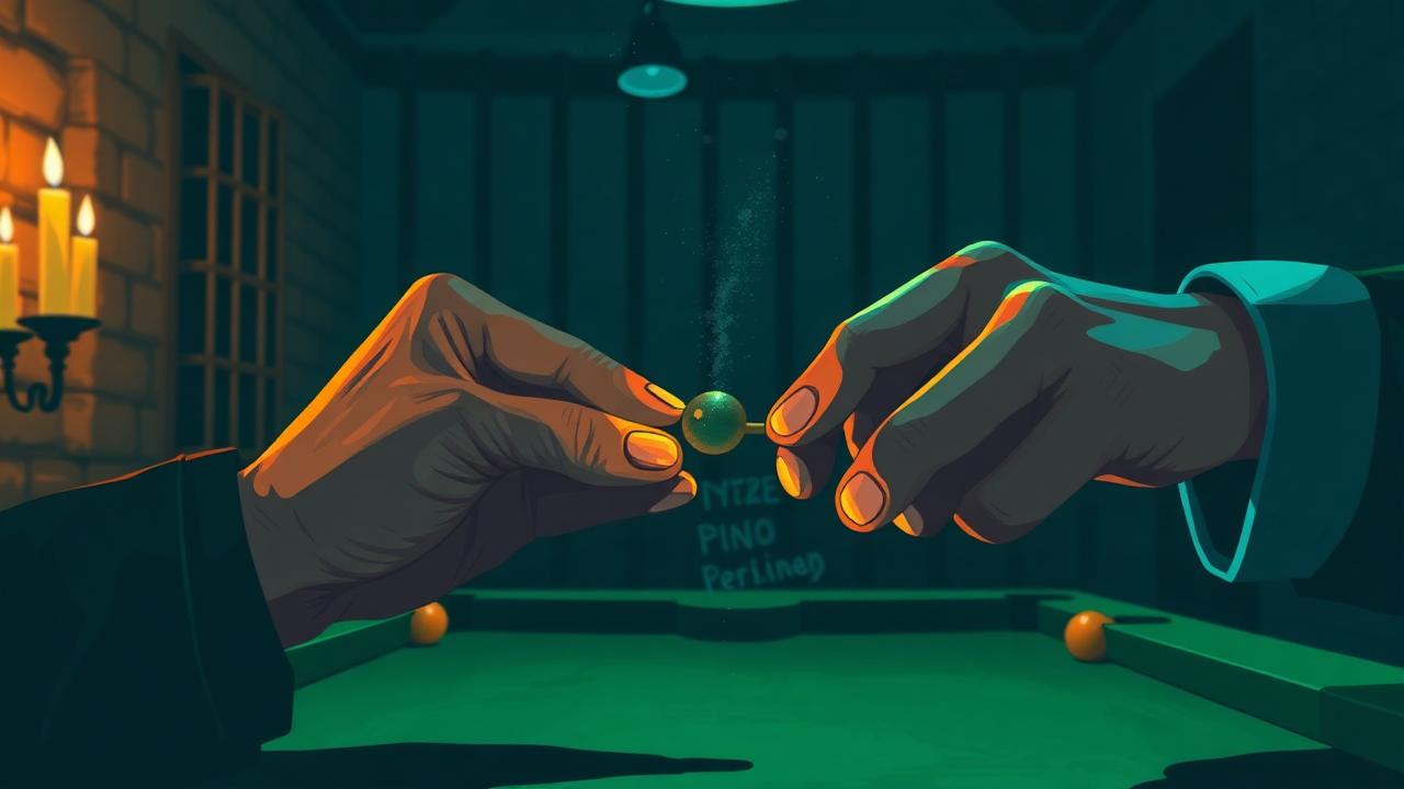 Hands fitting a leather tip to a billiard cue by candlelight in a prison cell