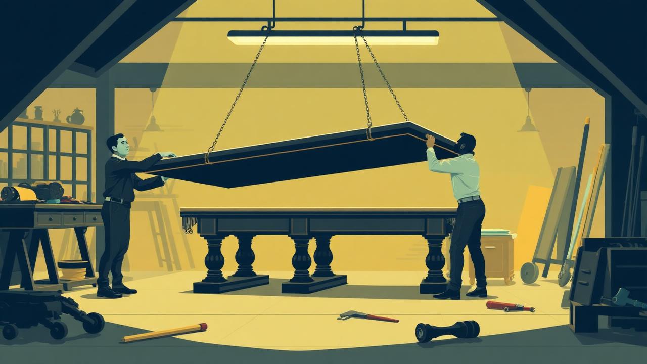 Craftsmen lowering a slate bed onto a Victorian billiard table