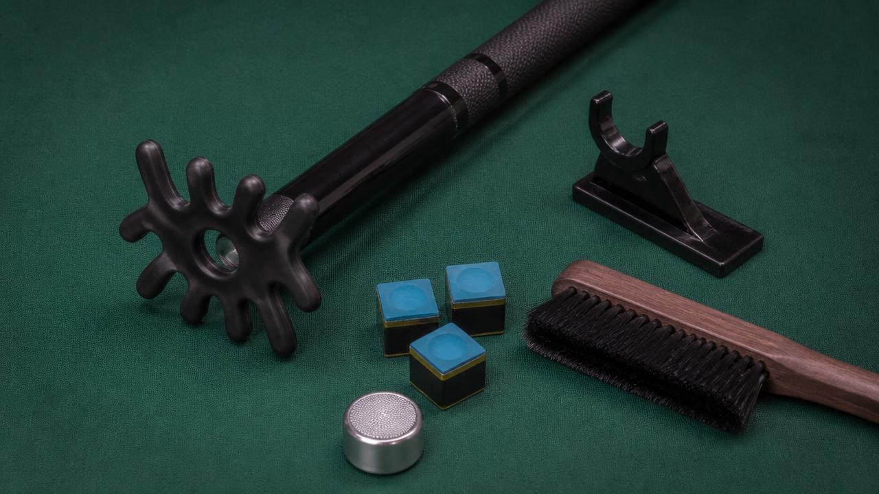 Pool table accessories on green cloth: black mechanical bridge head on an extension cue, chalk cubes, cue rest, tip tapper and table brush