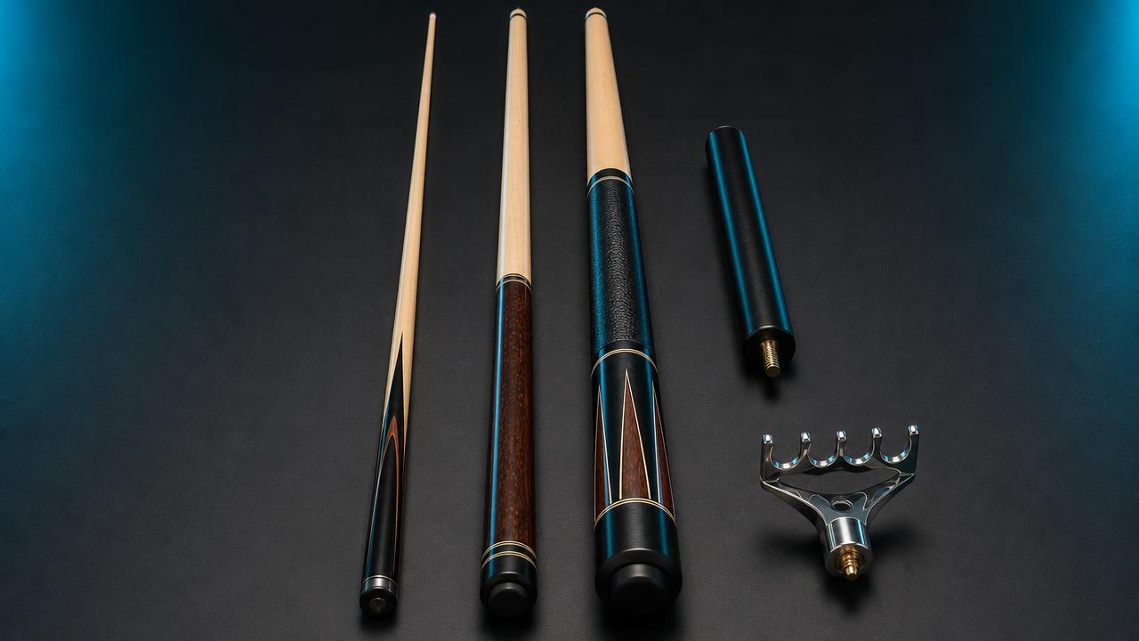 Three cues side by side — snooker cue, American pool cue and jump-break cue — with an extension and a mechanical rest head