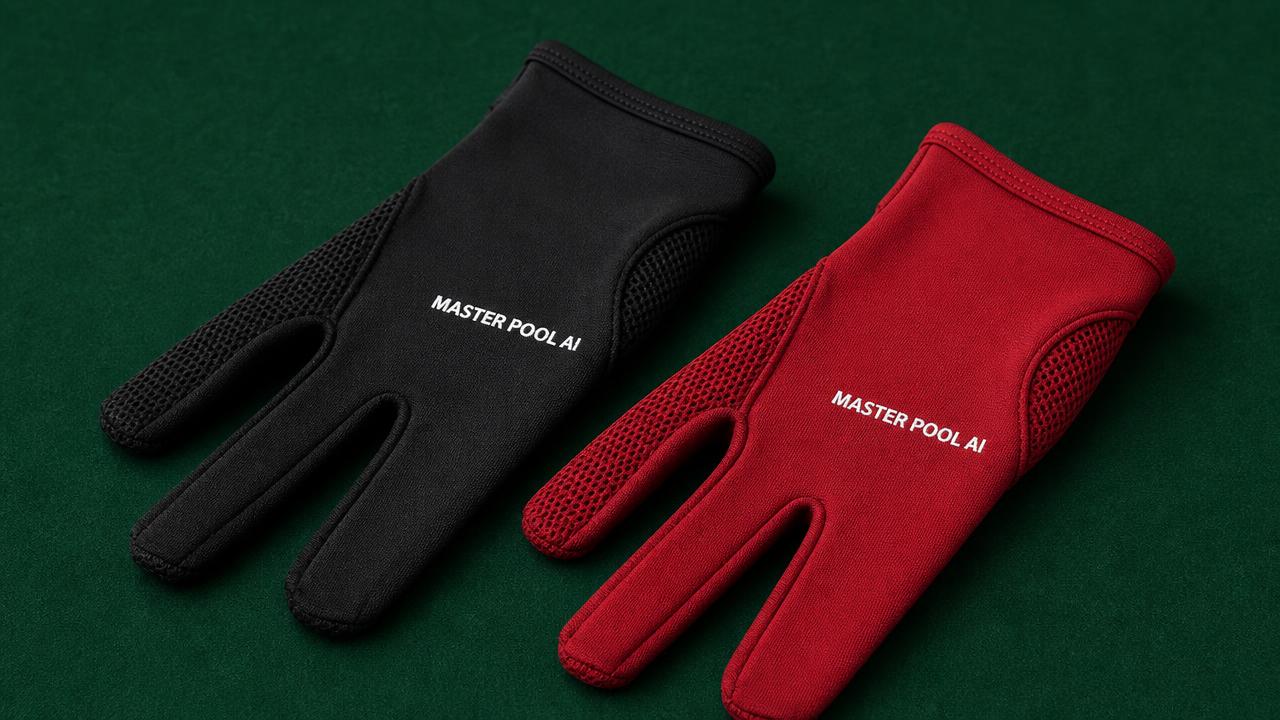 Black and red three-finger billiard gloves worn on hands sliding a cue between the fingers