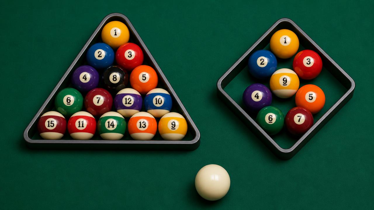 Gunmetal aluminium triangle rack with fifteen balls, a diamond nine-ball rack, and both racks shown empty