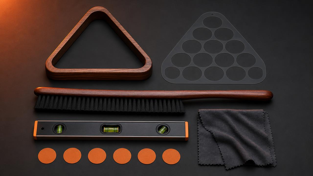 Flat lay of pool table accessories: triangle rack, rack template, table brush, spirit level, spot stickers and a polishing cloth