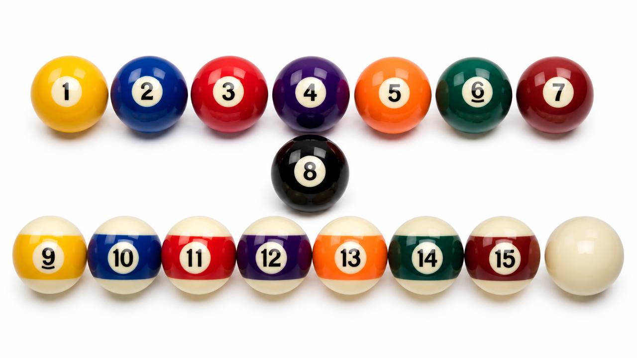Full set of glossy phenolic billiard balls: solids one to seven, black eight, stripes nine to fifteen and the cue ball