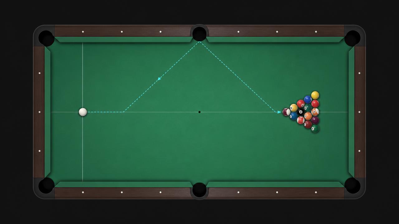 Top-down diagram of an eight-ball rack broken by striking the second ball from a side position, cue ball returning to centre table