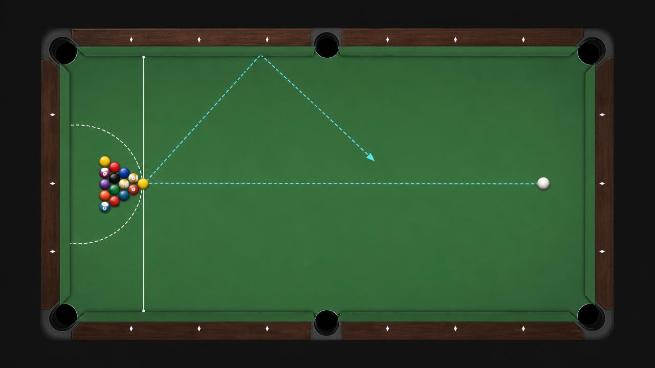 Top-down diagram of a ten-ball cut break from the edge of the head string with the cue ball path off the side rail back to centre table