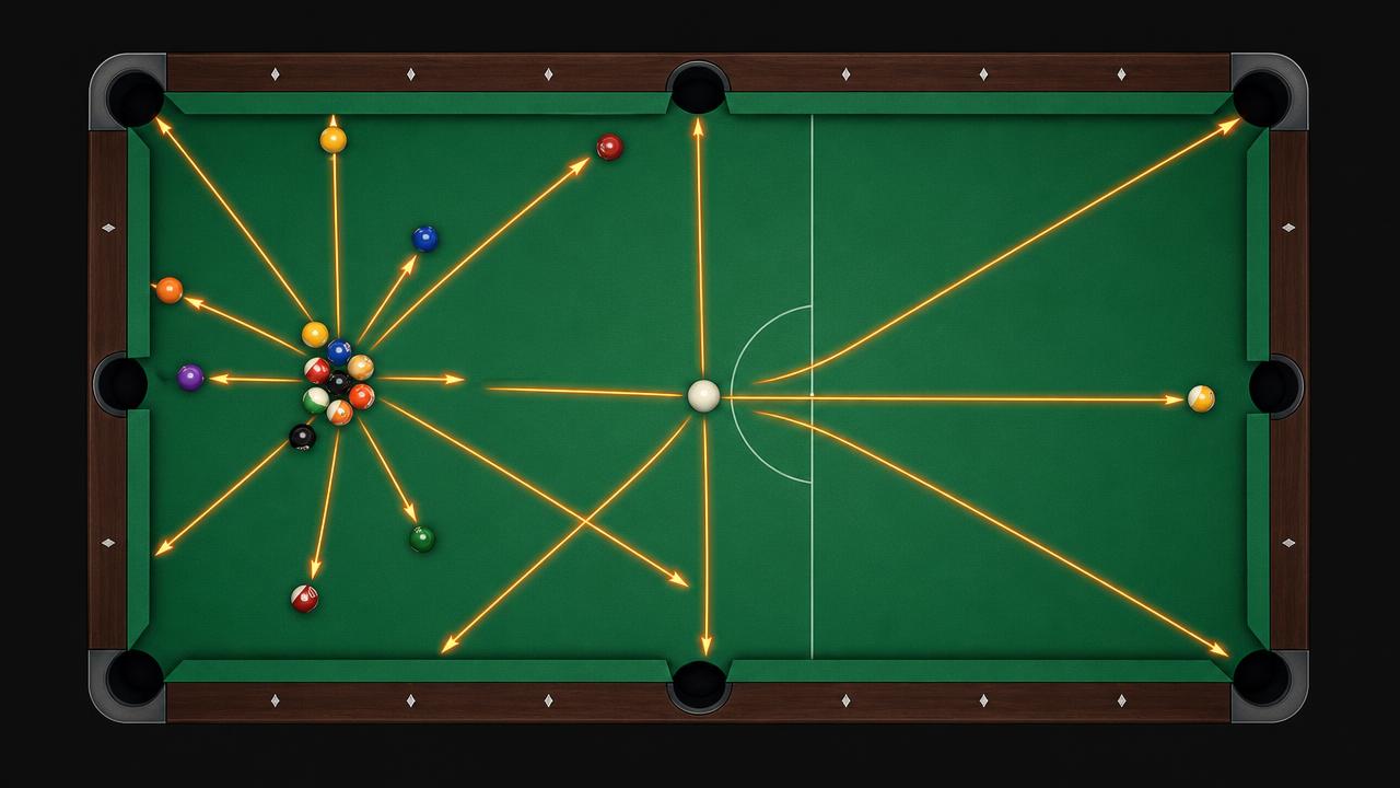 Top-down diagram of a nine-ball rack exploding from a full-power break with arrows showing balls scattering to all rails