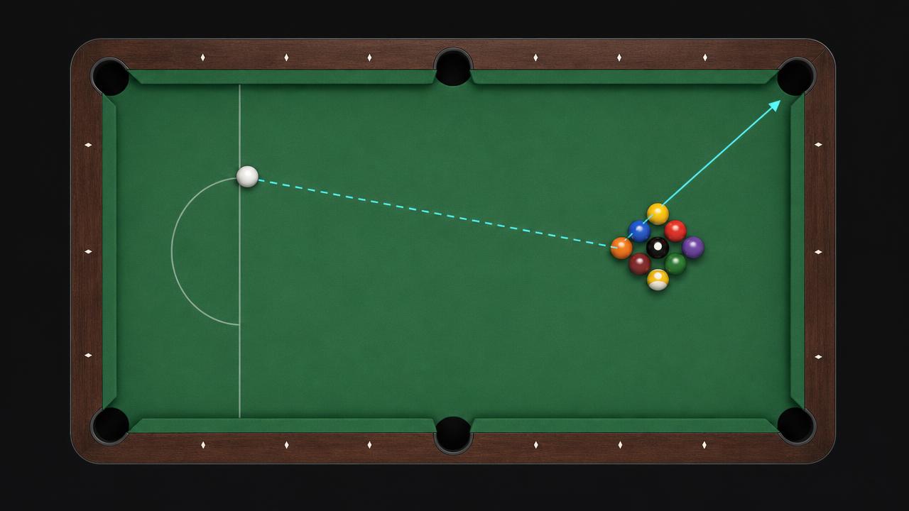 Top-down diagram of a nine-ball rack broken softly, with the cue ball path and the wing ball heading to a corner pocket