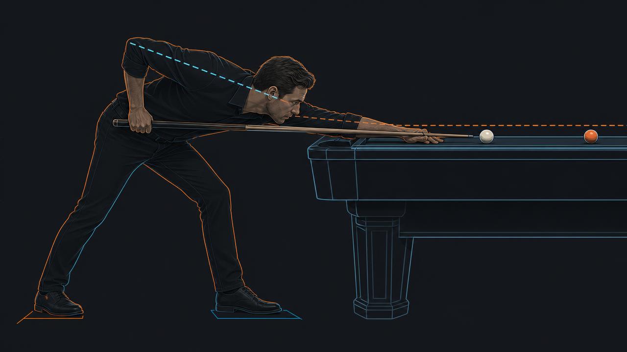 Side view of a pool player in a shooting stance with the shot line, spine angle and foot placement marked